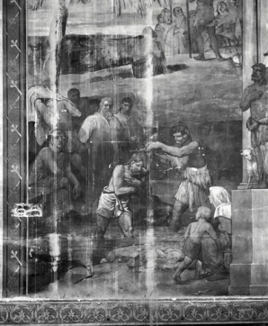 Partie gauche, registre inférieur (1991) : saint Jean-Baptiste baptise le Christ. © Région Bourgogne-Franche-Comté, Inventaire du patrimoine Partie gauche, registre inférieur (1991) : saint Jean-Baptiste baptise le Christ. © Région Bourgogne-Franche-Comté, Inventaire du patrimoine