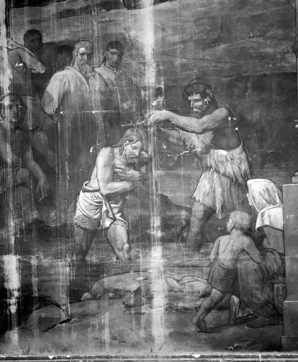 Partie gauche, registre inférieur (1991) : saint Jean-Baptiste baptise le Christ (détail). © Région Bourgogne-Franche-Comté, Inventaire du patrimoine Partie gauche, registre inférieur (1991) : saint Jean-Baptiste baptise le Christ (détail). © Région Bourgogne-Franche-Comté, Inventaire du patrimoine