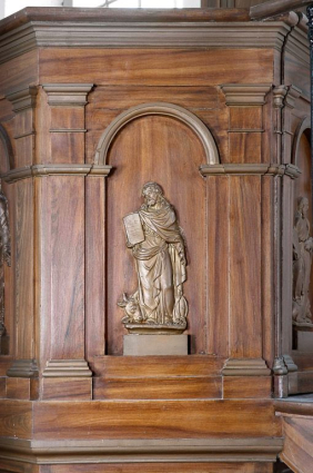 Détail, panneau de la cuve : saint Luc. © Région Bourgogne-Franche-Comté, Inventaire du patrimoine