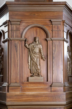 Détail, panneau central de la cuve : Christ enseignant. © Région Bourgogne-Franche-Comté, Inventaire du patrimoine