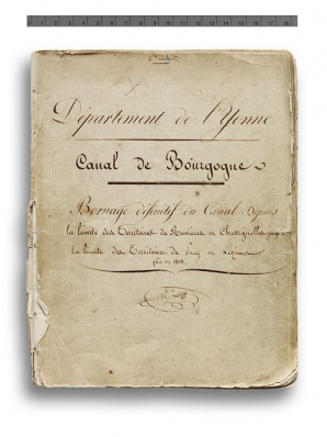 Page de garde du 2ème cahier de "Bornage définitif du Canal Depuis la limite des Territoires de Ravières et Chassignelles jusqu'à la limite des Territoires de Pacy et Lezinnes". 1838. (Archives VNF-direction territoriale Centre-Bourgogne ; subdivision de Tonnerre) © Région Bourgogne-Franche-Comté, Inventaire du patrimoine Page de garde du 2ème cahier de "Bornage définitif du Canal Depuis la limite des Territoires de Ravières et Chassignelles jusqu'à la limite des Territoires de Pacy et Lezinnes". 1838. (Archives VNF-direction territoriale Centre-Bourgogne ; subdivision de Tonnerre) © Région Bourgogne-Franche-Comté, Inventaire du patrimoine