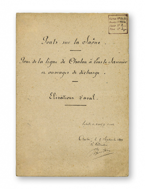 Pont de la ligne de Chalon à Lons le Saunier et ouvrages de décharge. Elévations d'aval. [Page de garde]. Dessin daté du 5 septembre 1899. © Région Bourgogne-Franche-Comté, Inventaire du patrimoine