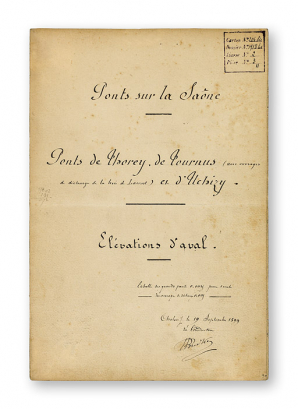 Ponts de Thorey, de Tournus et d'Uchizy. Elévations d'aval. [Page de garde]. Par Budker (conducteur). Dessin daté du 19 septembre 1899. © Région Bourgogne-Franche-Comté, Inventaire du patrimoine