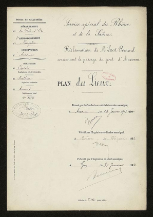 Réclamation de M. Lescot-Bernard concernant le passage du pont d'Auxonne. Plan des lieux. [Page de garde]. 1913. © CD21/F.PETOT/2020