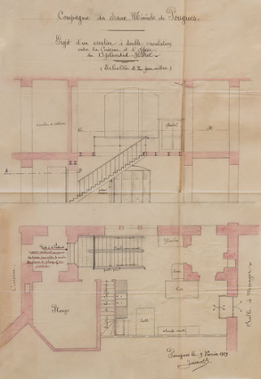 Projet d'un escalier à double circulation entre la cuisine et l'office. © Région Bourgogne-Franche-Comté, Inventaire du patrimoine