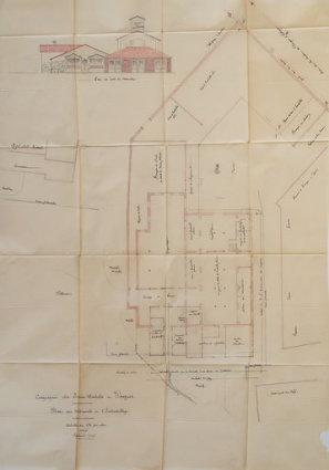 Plan général du bâtiment et élévation de la façade ouest en 1928. © Région Bourgogne-Franche-Comté, Inventaire du patrimoine