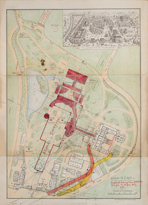 Plan d'ensemble (vers 1895-1896) sur lequel est esquissé le projet d'un nouvel établissement thermal établi par Ch. Arnaud (1904). © Région Bourgogne-Franche-Comté, Inventaire du patrimoine