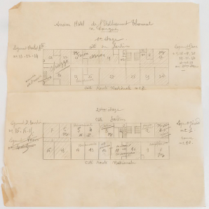 Plan (croquis) montrant la répartition des logements du personnel de la Compagnie des Eaux minérales de Pougues. © Région Bourgogne-Franche-Comté, Inventaire du patrimoine