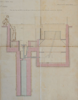 Coupe sur les deux puits avant et après l'abaissement du niveau de l'eau survenu fin avril 1891, détail de l'état postérieur. © Région Bourgogne-Franche-Comté, Inventaire du patrimoine