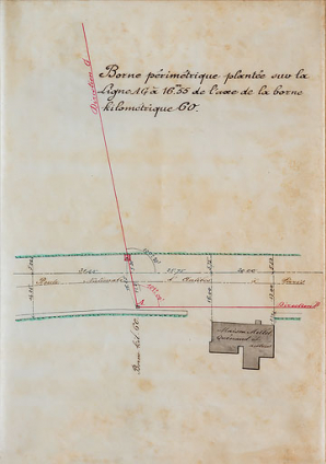 Plan de la position des bornes, borne périmétrique A. © Région Bourgogne-Franche-Comté, Inventaire du patrimoine