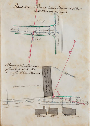 Plan de la position des bornes, borne intermédiaire AG7 et borne périmétrique G. © Région Bourgogne-Franche-Comté, Inventaire du patrimoine