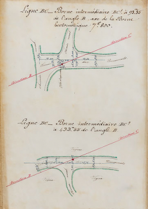 Plan de la position des bornes, bornes intermédiaires BC1 et BC2. © Région Bourgogne-Franche-Comté, Inventaire du patrimoine