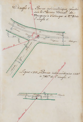 Plan de la position des bornes, borne périmétrique C et borne intermédiaire CDE1. © Région Bourgogne-Franche-Comté, Inventaire du patrimoine