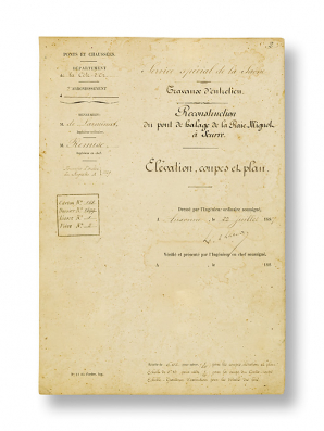 Reconstruction du pont de halage de la Raie Mignot à Seurre. Elévation, coupes et plan. [Page de garde]. 22 juillet 1887.  © Région Bourgogne-Franche-Comté, Inventaire du patrimoine