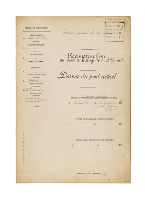 Reconstruction du pont de halage de la Dheune. Dessins du pont actuel. [Page de garde]. Dessin aquarellé, 24 janvier 1903. © Région Bourgogne-Franche-Comté, Inventaire du patrimoine