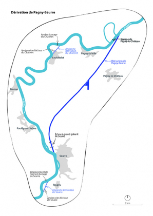 Plan schématique de la dérivation de Pagny-Seurre, échelle 1 / 5 000e. © Région Bourgogne-Franche-Comté, Inventaire du patrimoine