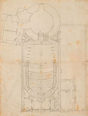 Dessin n° 5. Projet définitif d’un théâtre pour semur par Grosley sous la direction de Mr Bruzard [... Plan au rez-de-chaussée]. S.d. [1843 ?].  © Région Bourgogne-Franche-Comté, Inventaire du patrimoine