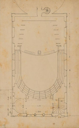 Dessin n° 5. Projet définitif d’un théâtre pour semur par Grosley sous la direction de Mr Bruzard [... Plan à l’étage]. S.d. [1843 ?].  © Région Bourgogne-Franche-Comté, Inventaire du patrimoine