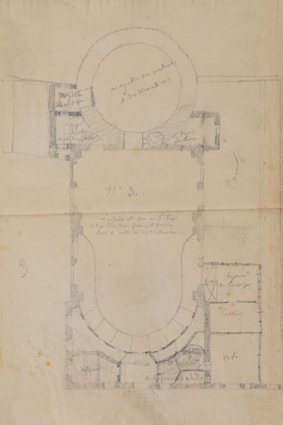 N° 3 [3e projet de Flamand, avec café à droite. Plan du rez-de-chaussée]. S.d. [1843 ?]. © Région Bourgogne-Franche-Comté, Inventaire du patrimoine