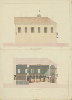 5. Façade latérale [et] 6. Coupe longitudinale. [Coupes et élévations par Grosley du théâtre projeté à Semur-en-Auxois]. S.d. [1843 ?]. © Région Bourgogne-Franche-Comté, Inventaire du patrimoine