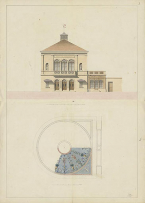 3. [Façade antérieure et] 4. [Décor du plafond]. [Coupes et élévations par Grosley du théâtre projeté à Semur-en-Auxois]. S.d. [1843 ?]. © Région Bourgogne-Franche-Comté, Inventaire du patrimoine