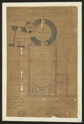 Plan du rez-de-chaussée d’une salle de spectacle à construire à Semur [... par Flamand, avec une retombe]. 1er décembre 1843. © Région Bourgogne-Franche-Comté, Inventaire du patrimoine