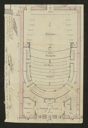 [Plan du rez-de-chaussée d’une salle de spectacle à construire à Semur, avec indication d’un amphithéâtre sous le balcon, par Flamand (retombe décollée du plan précédent)]. 1er décembre 1843. © Région Bourgogne-Franche-Comté, Inventaire du patrimoine