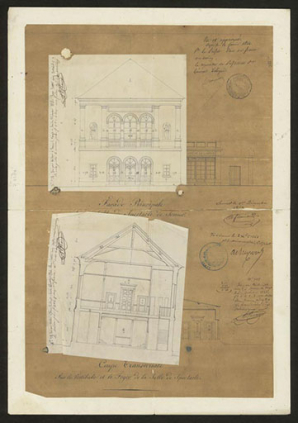 Façade principale de la salle de spectacle de Semur [et] Coupe transversale sur le vestibule et le foyer de la salle de spectacle [par Flamand, avec deux retombes]. 1er décembre 1843. © Région Bourgogne-Franche-Comté, Inventaire du patrimoine