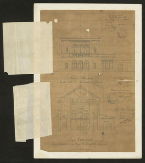 Façade principale de la salle de spectacle de Semur [et] Coupe transversale sur le vestibule et le foyer de la salle de spectacle [par Flamand, retombes levées]. 1er décembre 1843. © Région Bourgogne-Franche-Comté, Inventaire du patrimoine