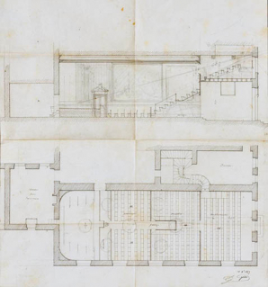 [Plan et coupe de la salle]. 13 décembre 1857. © Région Bourgogne-Franche-Comté, Inventaire du patrimoine