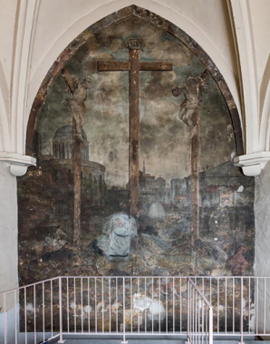 Peinture monumentale dans l'ancienne chapelle du Saint-Sépulcre (rez-de-chaussée de la tour sud). © Région Bourgogne-Franche-Comté, Inventaire du patrimoine