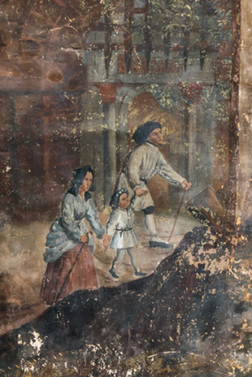 Couple et son enfant vêtus à la mode du 15e siècle, à gauche. © Région Bourgogne-Franche-Comté, Inventaire du patrimoine Couple et son enfant vêtus à la mode du 15e siècle, à gauche. © Région Bourgogne-Franche-Comté, Inventaire du patrimoine