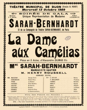 [Théâtre municipal]. Affiche pour la Dame aux Camélias, avec Sarah Bernhardt, le 13 octobre 1909. © Région Bourgogne-Franche-Comté, Inventaire du patrimoine