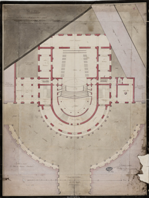 Plan du rez de chaussée de la salle de spestacle [sic] projettée sur l'emplacement du terrain appartenant à la ville [... Variante du 3e projet de Cellerier à l'emplacement du couvent des jacobines]. S.d. [1787]. © Région Bourgogne-Franche-Comté, Inventaire du patrimoine