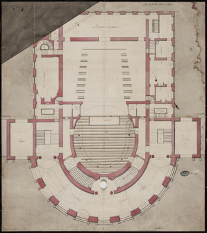 [3e projet de salle de spectacle de Cellerier à l'emplacement du couvent des jacobines : plan du rez-de-chaussée (variante)]. 5 décembre 1787.  © Région Bourgogne-Franche-Comté, Inventaire du patrimoine