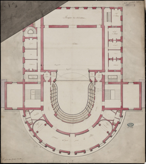 [3e projet de salle de spectacle de Cellerier à l'emplacement du couvent des jacobines : plan du 1er balcon]. 5 décembre 1787.  © Région Bourgogne-Franche-Comté, Inventaire du patrimoine