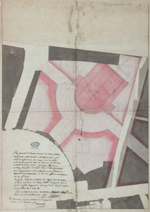 Plan général de l’ancien couvent des dames jacobines [...] sur lequel est lavée en rouge plus foncée la masse d’une salle de spectacles [... 3e projet de Cellerier]. 5 décembre 1787. © Région Bourgogne-Franche-Comté, Inventaire du patrimoine