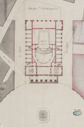 Ville de Dijon [plan de situation et de distribution de la salle de spectacle, dans l'axe de la place Royale (2e projet de Cellerier) : détail]. S.d. [1786 ?]. © Région Bourgogne-Franche-Comté, Inventaire du patrimoine