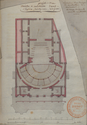 Projet d'un théâtre à construire dans l'église Saint-Jean, à Dijon [plan, d'après Pierre Joseph Antoine]. S.d. [décennie 1800]. © Région Bourgogne-Franche-Comté, Inventaire du patrimoine