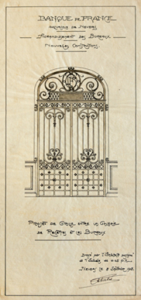 Projet de grille entre la galerie de recettes et les bureaux (8 septembre 1908). © Région Bourgogne-Franche-Comté, Inventaire du patrimoine