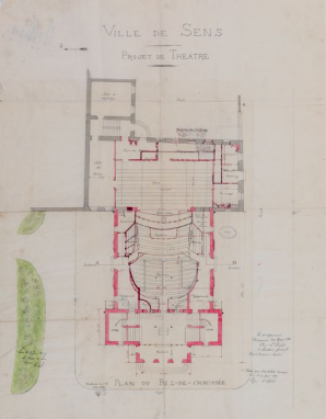 Projet de théâtre. Plan du rez-de-chaussée. 1879. © Région Bourgogne-Franche-Comté, Inventaire du patrimoine