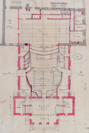 Projet de théâtre. Plan du rez-de-chaussée [détail]. 1879. © Région Bourgogne-Franche-Comté, Inventaire du patrimoine