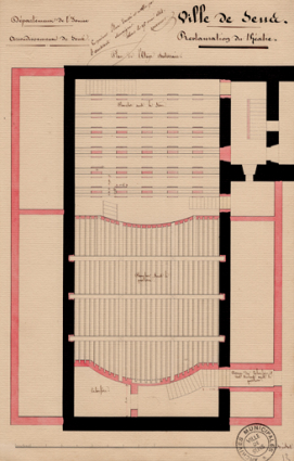 Restauration du théâtre. Plan de l'étage souterrain [projet]. 1844. © Région Bourgogne-Franche-Comté, Inventaire du patrimoine