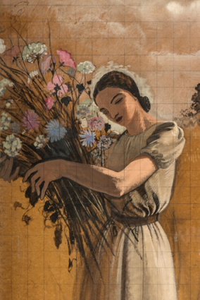 Esquisse pour la peinture côté jardin : scène de moisson. Détail : portrait de Gaby Burkhalter. © Région Bourgogne-Franche-Comté, Inventaire du patrimoine Esquisse pour la peinture côté jardin : scène de moisson. Détail : portrait de Gaby Burkhalter. © Région Bourgogne-Franche-Comté, Inventaire du patrimoine