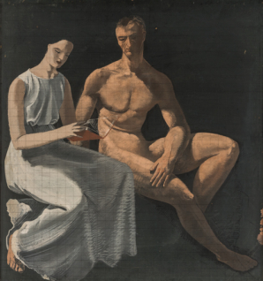 Esquisse pour la peinture côté cour : couple. Portrait s: Gaby Burckhalter et homme avec le corps d'un athlète auxerrois et le visage de Pierre Coste. © Région Bourgogne-Franche-Comté, Inventaire du patrimoine