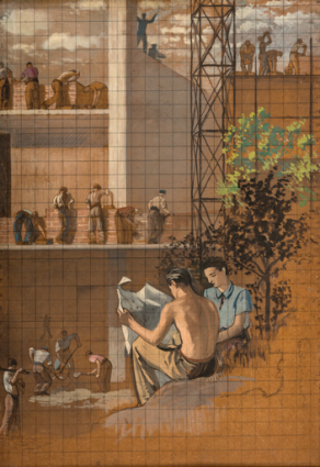 Esquisse pour la peinture côté cour : le travail (construction d'un immeuble). © Région Bourgogne-Franche-Comté, Inventaire du patrimoine Esquisse pour la peinture côté cour : le travail (construction d'un immeuble). © Région Bourgogne-Franche-Comté, Inventaire du patrimoine