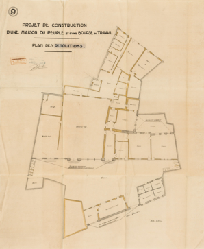 Projet d’aménagement d’une maison du peuple et d’une bourse du travail. 9. Projet de construction d’une maison du peuple et d’une bourse du travail. Plan des démolitions. 5 octobre 1936. © Région Bourgogne-Franche-Comté, Inventaire du patrimoine