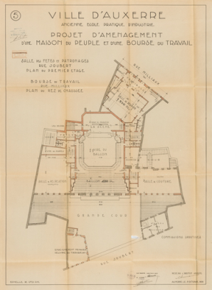 Projet d’aménagement d’une maison du peuple et d’une bourse du travail. 5. Salle des fêtes et patronages rue Joubert, plan du premier étage. Bourse du travail rue Milliaux, plan du rez de chaussée. 5 octobre 1936. © Région Bourgogne-Franche-Comté, Inventaire du patrimoine Projet d’aménagement d’une maison du peuple et d’une bourse du travail. 5. Salle des fêtes et patronages rue Joubert, plan du premier étage. Bourse du travail rue Milliaux, plan du rez de chaussée. 5 octobre 1936. © Région Bourgogne-Franche-Comté, Inventaire du patrimoine