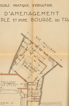 Projet d’aménagement d’une maison du peuple et d’une bourse du travail. 5. Salle des fêtes et patronages rue Joubert, plan du premier étage. Bourse du travail rue Milliaux, plan du rez de chaussée. [Détail : la bourse du travail]. 5 octobre 1936. © Région Bourgogne-Franche-Comté, Inventaire du patrimoine