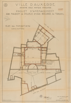Projet d’aménagement d’une maison du peuple et d’une bourse du travail. 3. Plan des fondations, canalisations. 5 octobre 1936. © Région Bourgogne-Franche-Comté, Inventaire du patrimoine